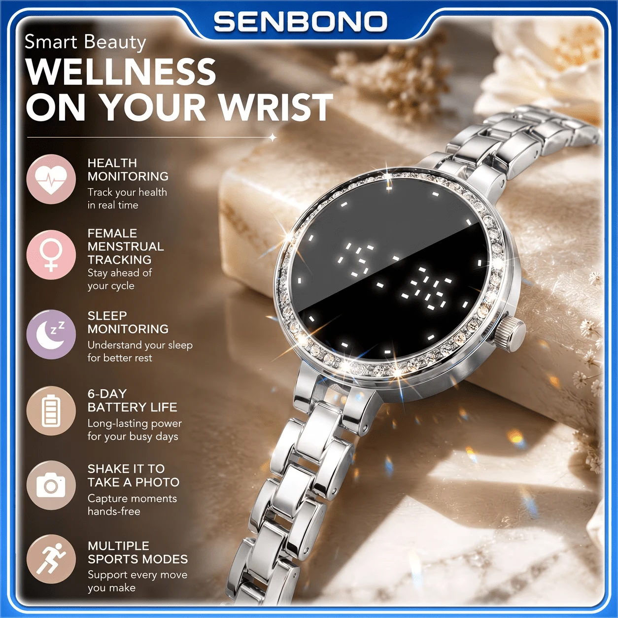 Smartwatch Wanita SENBONO, Desain Bezel Mengkilap, Pemantauan Kesehatan dan Tidur, Berbagai Mode Olahraga, Goyang untuk Mengambil Foto, Daya Tahan Baterai 6 Hari, Ringan Cocok untuk Penggunaan Sehari-hari dan Kerja, Kompatibel dengan iOS dan Android, Hadiah Sempurna untuk Wanita - View 1