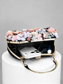 1 pieza Bolso de mano de noche bordado con flores y cuentas hecho a mano, bordado puro hecho a mano con cuentas - Negro - Ver 4