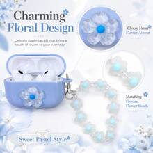 Cute Light Blue Cherry Blossom Bluetooth Earphone Case Compatible With AirPods Pro 2 Protective Cover With Blue Beaded Lanyard - Baby Blue - View 4