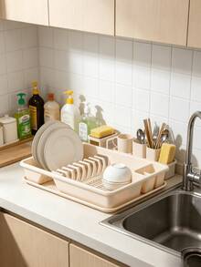 Detachable Plastic Dish Drying Rack With Drain Tray, Multi-Grid Cutlery & Plate Storage Organizer, Space Saving Kitchen Countertop Dish Holder For Home Apartment Kitchen Utensil Drying Storage - Random Color - View 1