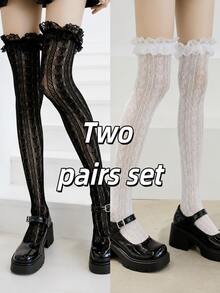 Lace Over-Knee Thigh High Socks – Black & White Sheer Floral Ruffle Stockings, Y2K Gothic Preppy School Style Legwear - Multicolor - View 4