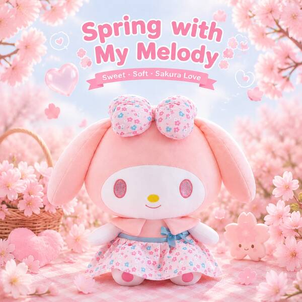 SANRIO Kuromi & My Melody Kirschblüten Plüschpuppe – Rosa Kawaii Kuscheltier mit Blüten-Design, Weiches Stofftier als Geschenk für Mädchen, Kinderzimmer Deko für Geburtstag, Weihnachten & Valentinstag