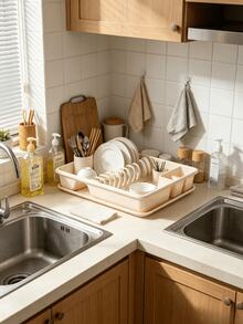 Detachable Plastic Dish Drying Rack With Drain Tray, Multi-Grid Cutlery & Plate Storage Organizer, Space Saving Kitchen Countertop Dish Holder For Home Apartment Kitchen Utensil Drying Storage - Random Color - View 2