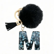 1pc Black Shell Slice Shiny Letter Keychain (A-Z) - Shell Stone Resin Letter Pendant With Pop Pom Pom, Leather Tassel, Fashionable Key Ring, Suitable For Bags/Cars, Cute Gift For Women And Mothers - Multicolor - View 27