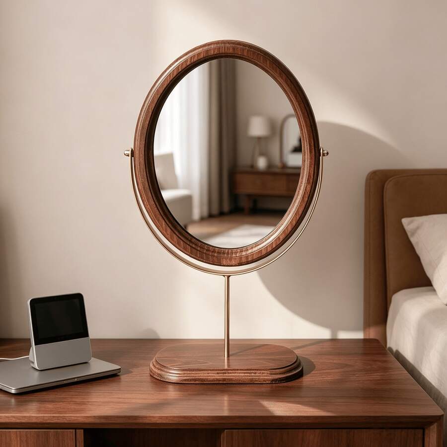 1pc Vintage Solid Wood Desktop Makeup Mirror, Chinese Style Rotating Standing Vanity Mirror For Bedroom And Home, Suitable For Multiple Scenes - Multicolor - View 1