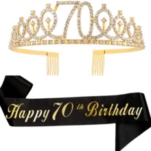 2件組女性生日披帶與皇冠，Happy 16th 18th 21th 30th 40th 50th 60th 70th 80th 生日緞帶，精美女性生日禮物，金色生日派對裝飾用品 - 金色 - 查看 7