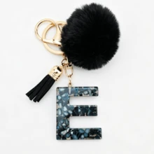 1pc Black Shell Slice Shiny Letter Keychain (A-Z) - Shell Stone Resin Letter Pendant With Pop Pom Pom, Leather Tassel, Fashionable Key Ring, Suitable For Bags/Cars, Cute Gift For Women And Mothers - Multicolor - View 26