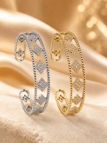 1pc Elegant Double-Layer Zirconia Embellished Rhombus Four-Petal Flower Open Bangle Bracelet For Women, Versatile Fashion Accessory For Party And Gathering - Bracelet - View 4