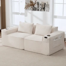 Modular 2-Seater Corduroy Sofa With Cup Holders And Side Pockets: Spring Core And High-Density Foam - Beige - View 2