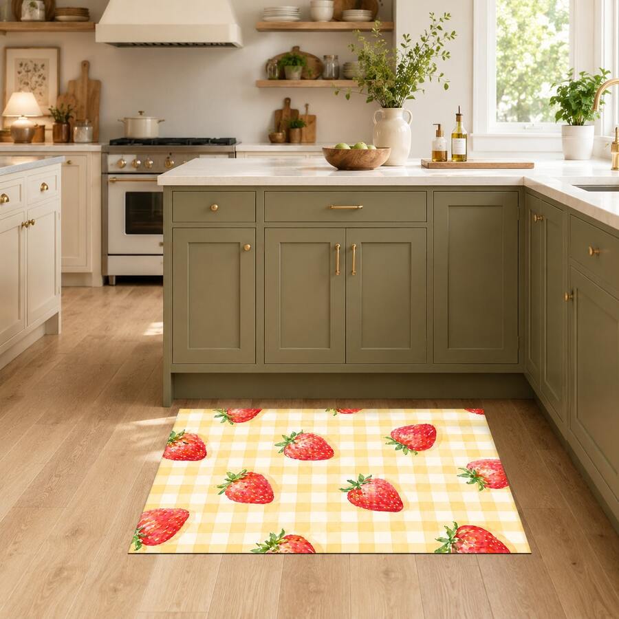 1pc, Home Decor, Strawberry Plaid Pattern Printed Floor Mat, Diatomaceous Earth Kitchen Rug, Kitchen Mat, Floor Mat, Easy To Clean, Printed Rectangular, Suitable For Living Room, Bedroom, Hallway, Bathroom, Laundry Room - Polyester Carpet, Suitable For Indoor And Outdoor Home Decor - Multicolor - View 1