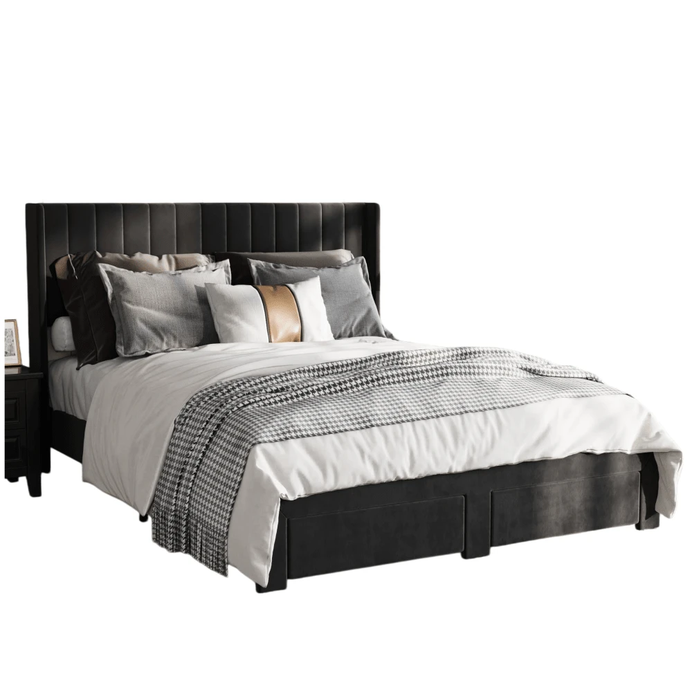 Beaully Queen/Full/King Size Velvet Upholstered Platform Bed Frame With Wingback Headboard & 2 Underbed Storage Drawers, Wooden Slat Support, No Box Spring Required, Easy Assembly Bedroom Bed Base - King Black - View 1