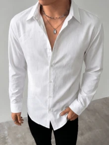 Men's Solid Color Single-Breasted Casual Versatile Comfortable Long Sleeve Shirt, Suitable For Daily Wear And Back To School - White - View 3