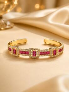1pc Elegant French Vintage Geometric Segmented Rectangular Zirconia Open Cuff Bracelet For Women, Flattering Skin Tone, Exquisite Low-Key High-End - Bracelet - View 3