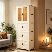 White Foldable Storage Cabinet | No Assembly Required (Or Simple Assembly) | Thickened PP Material | Suitable For Bedrooms, Bathrooms, And Laundry Rooms | Features Lockable Swivel Casters And Magnetic Double Doors - Apricot - View 5