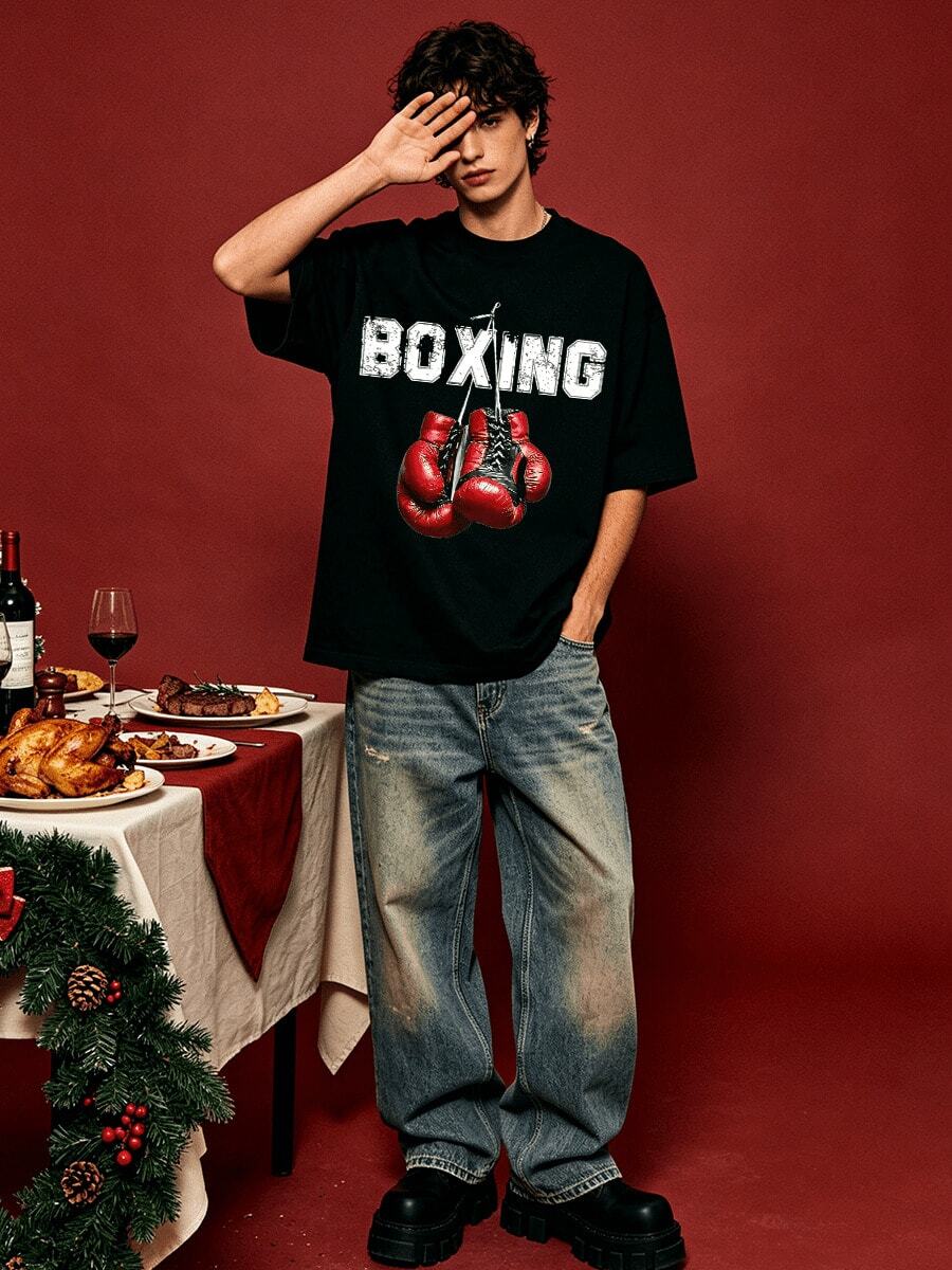 Maglietta casual estiva da uomo con collo rotondo morbido e maniche corte, stampa grafica di guantoni da boxe rossi, adatta per uso quotidiano. - nero - Visualizzare 1