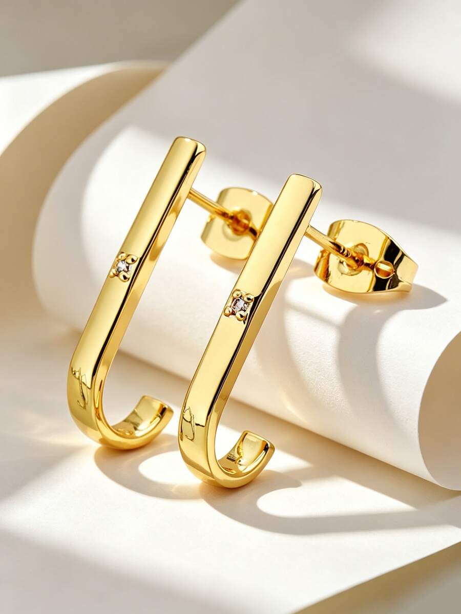 Charm-In 18K鍍金長條J型耳墜耳釘,迷你鋪鑲鋯石幾何垂墜耳環,極簡日常女性珠寶 - 金色 - 查看 1