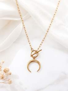1pc Stainless Steel 18K Gold Plated Oil-Pressed Moon Horn Crescent Curved Pendant With QT Clasp Necklace - Multicolor - View 5
