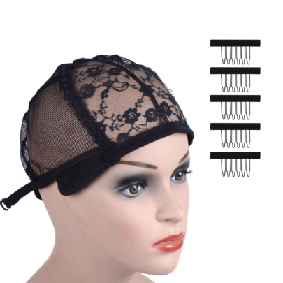 Set Penutup Kepala Wig dengan Sisir - Penutup Kepala Wig Jala Renda + 5 Sisir Wig yang Dapat Diatur, Penutup Kepala Wig Hitam yang Bernapas dan Aman Menahan Wig
