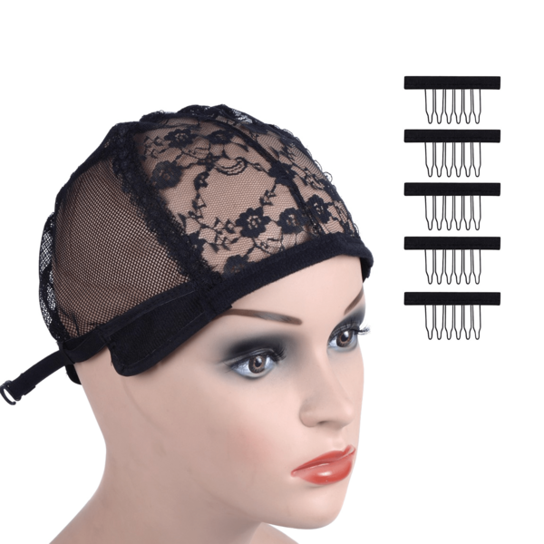 Wig Cap Set With Combs - Lace Mesh Wig Cap + 5 Adjustable Wig Combs, Breathable Black Wig Cap Securely Fixes Wigs