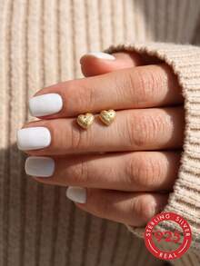 1pair Pure Silver Earrings, Creative And Luxurious Matte Heart-Shaped Striped And Polka Dot Design, For Women - Gold - View 3