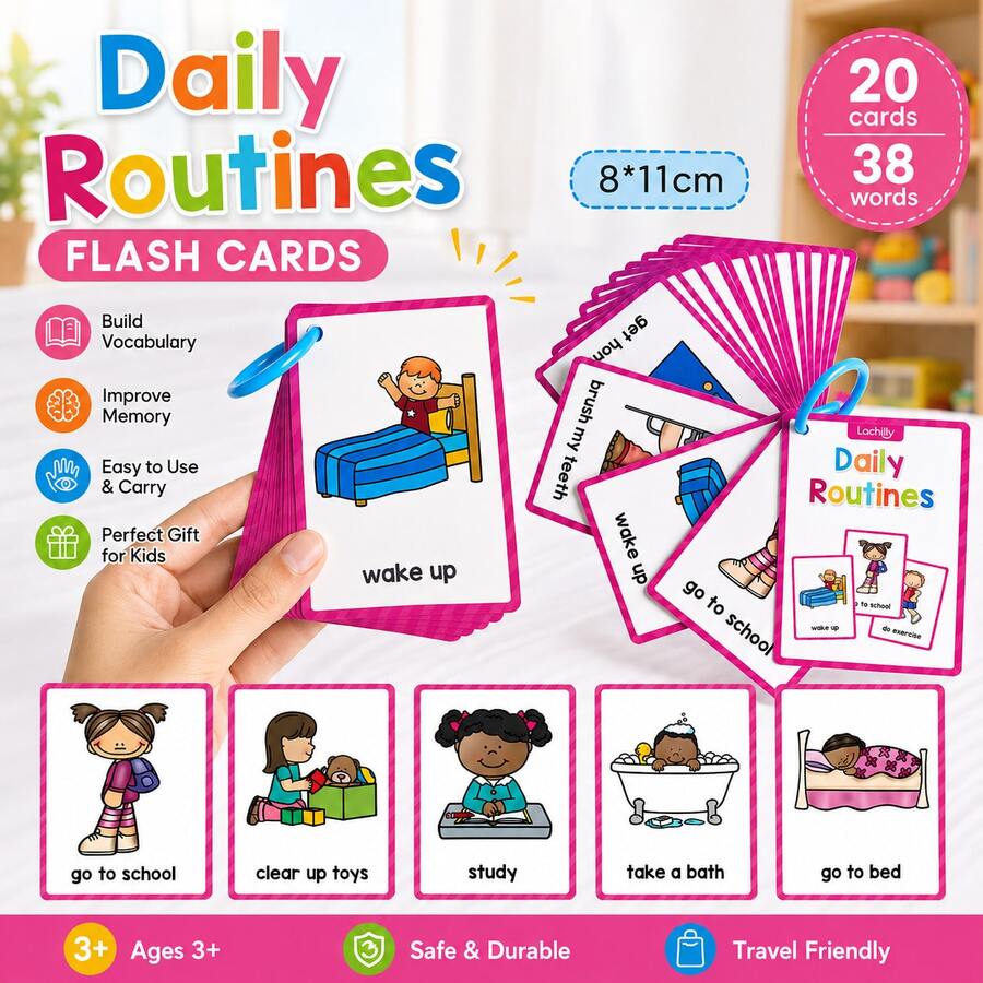 Lachilly Daily Routines Flash Cards For Kids – Learn Daily Activities Vocabulary Cards For Children – Homeschool Classroom Counseling Learning Card – Montessori Education Toys – Teacher Must-Haves