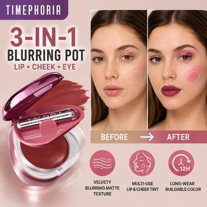 TIMEPHORIA ORBITA LIP AND CHEEK BLURRING POT | Tinte para labios y mejillas con textura de barro suave y aterciopelada, labial con acabado mate difuminado, ligero como una pluma, maquillaje multiusos, color construible, de larga duración, 012 Mars