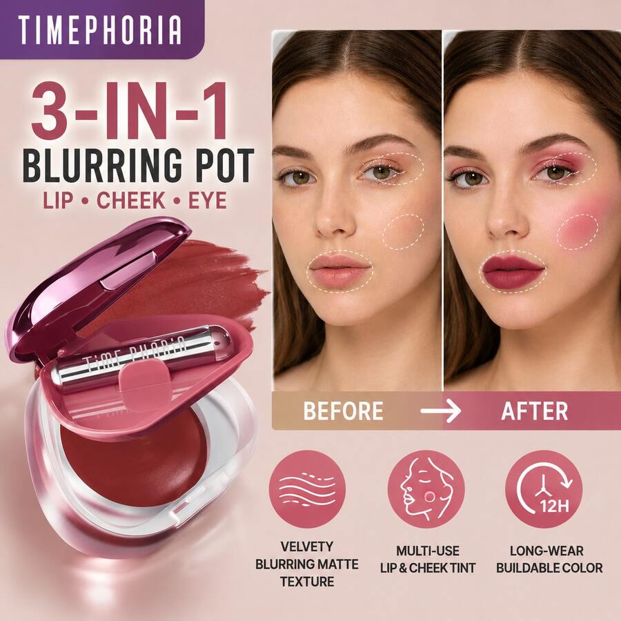 TIMEPHORIA ORBITA LIP AND CHEEK BLURRING POT | Lip & Cheek Tint With Soft Velvety Mud Texture, Blur Matte Finish Lipstick, Featherlight, Multi-Use Makeup, Buildable Color, Long-Wearing,012 Mars - 012 Mars - View 1