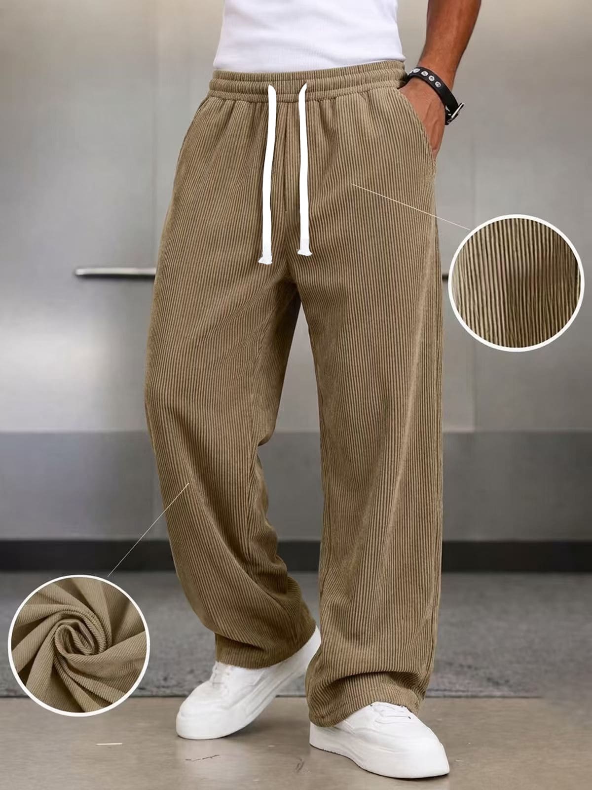 Men's 1pc Loose Fashion Sports Corduroy Pants, Minimalist Solid Color Wide Leg Casual Fit, Drawstring Waist Design, Large Pockets, Suitable For Daily Walking, Work, Travel And Other Occasions. Perfect Father's Day Gift For Dad - Coffee Brown - View 1