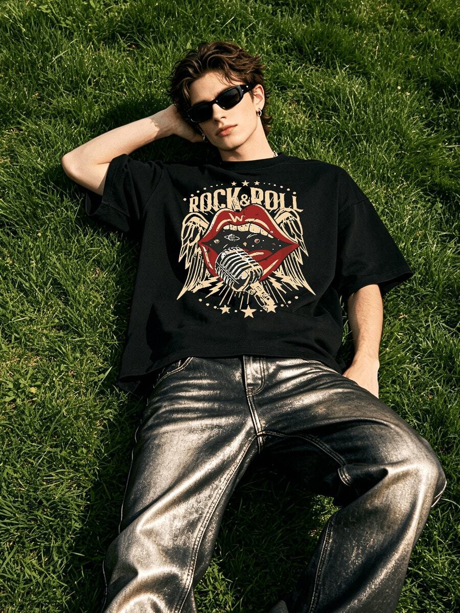 Men's Summer Casual Soft Round Neck Short Sleeve-Shirt,Rock Roll Microphone Print Graphic Is Suitable Daily Wear. - 黑色 - 查看 1