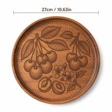 1pc Creative Walnut Wood Carved Cherry Flower Round Wooden Plate, Western Dinner Plate, Steak Plate, Candy Dish, Fruit Plate, Solid Wood Pizza Board Tray - Cherry - View 13