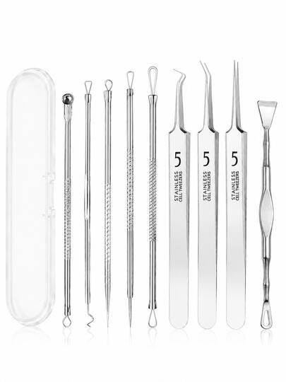 9/4/3/2/1pcs Blackhead Acne Tool Set With Portable Storage Box, Stainless Steel Tweezers, Facial Care Pimple Blemish Extractor