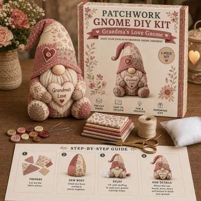 English: Large Cloth Craft Storage Box With Pre-Cut Floral Fabric, Sewing Tools & Step Guide. Pastoral Autumn Gnome With Patch Hat And Sunflower Decor, Glue-Free Sewing For Home Craft, Holiday Favors And Craft Lovers' Daily Creation.