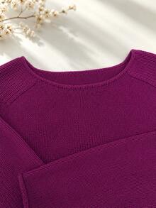 Women's Soft Green Round Neck Sweater, Vintage Fresh, Casual For Spring, Lightweight Solid Color Polyester Ribbed Long Sleeve Sweater For Spring/Autumn - Red Plum - View 6