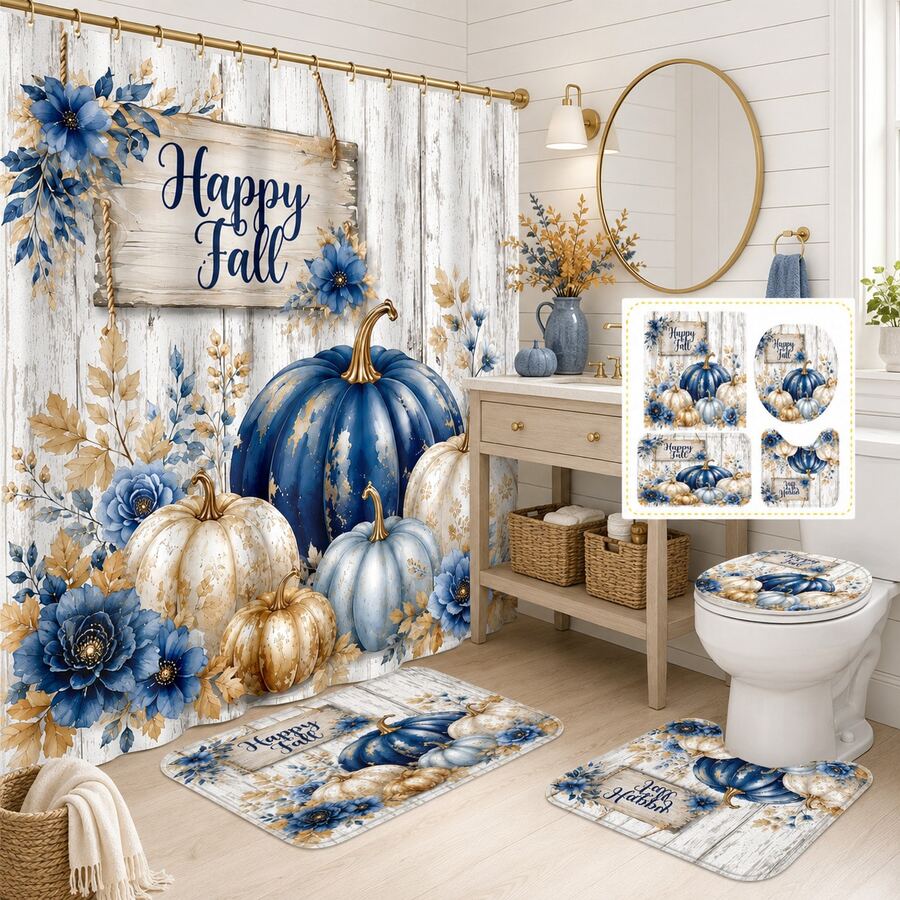 1pc/4pcs Blue White Gold Pumpkin Flower Pattern Multi-Function Bathroom Decor Shower Curtain Set, Free 12 Hooks, Premium Holiday Atmosphere, Bathroom Mat, U-Shaped Rug And Round Toilet Lid Cover, Suitable For All Scenes, Bathroom Set - Pumpkin Flowers - View 1