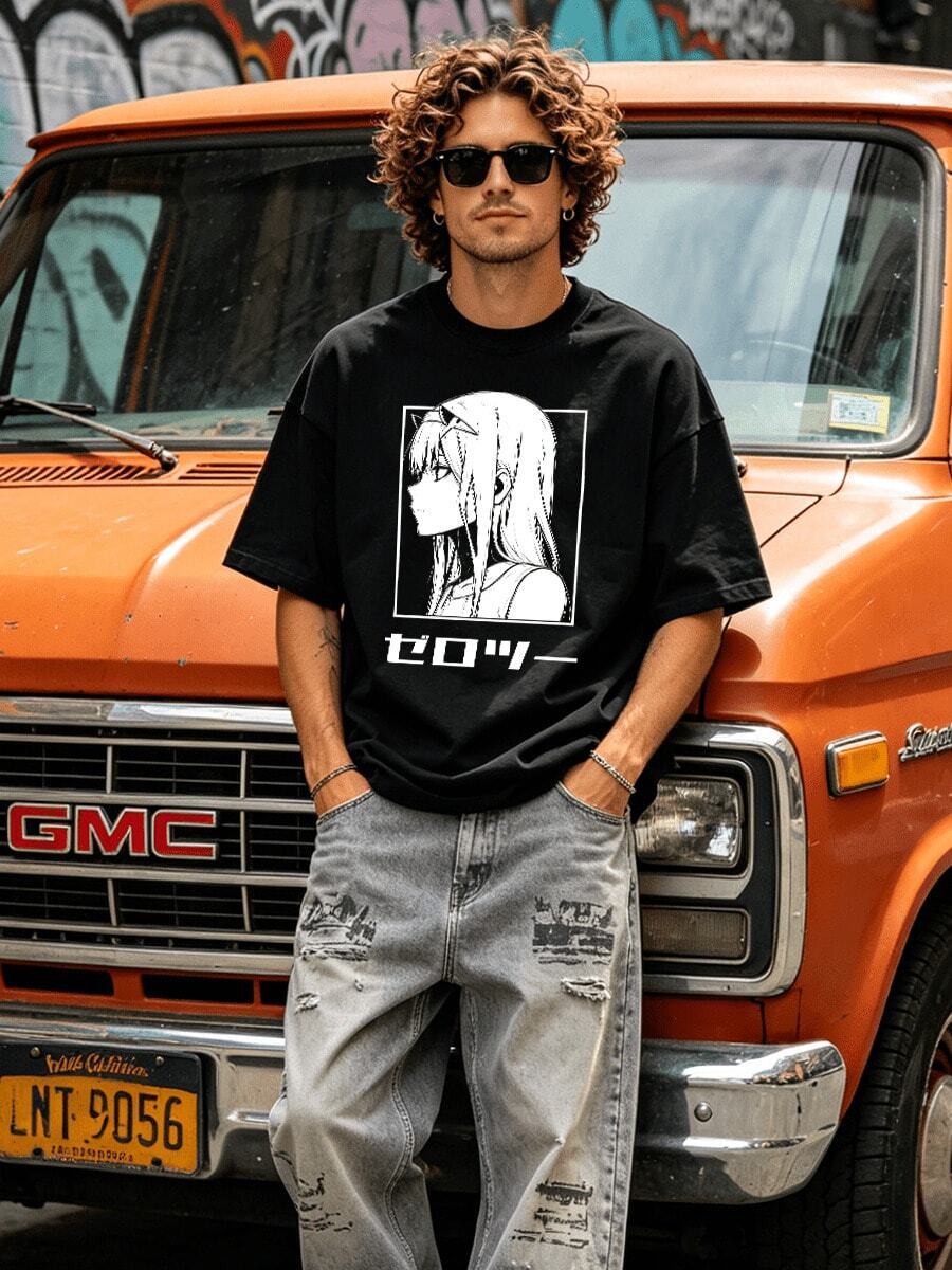 Herren Sommer Lässig Weiches Rundhals Kurzarm-Shirt, Anime Charakter Muster Grafik Frühling und Sommer. Weiß - Schwarz - Übersicht 1