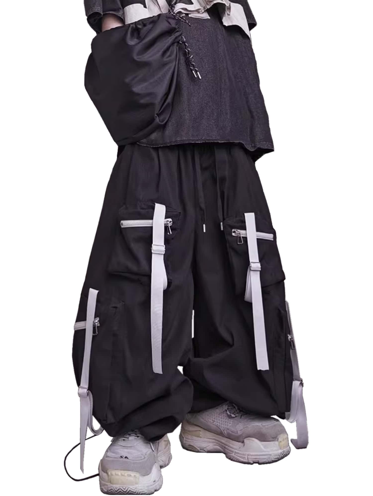 niepce Men's Black Wide Leg Strapped Pants Techwear Streetwear Oversized Joggers - Black - View 1
