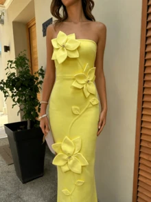 Elegant Strapless Fitted Bandage Floral Dress - Yellow - View 3
