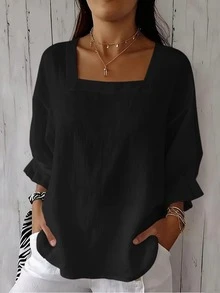 Plus Size Women's Short Sleeve Solid Color Square Neck Dropped Shoulder Ruched Cuff Summer Blouse Black - Black - View 1