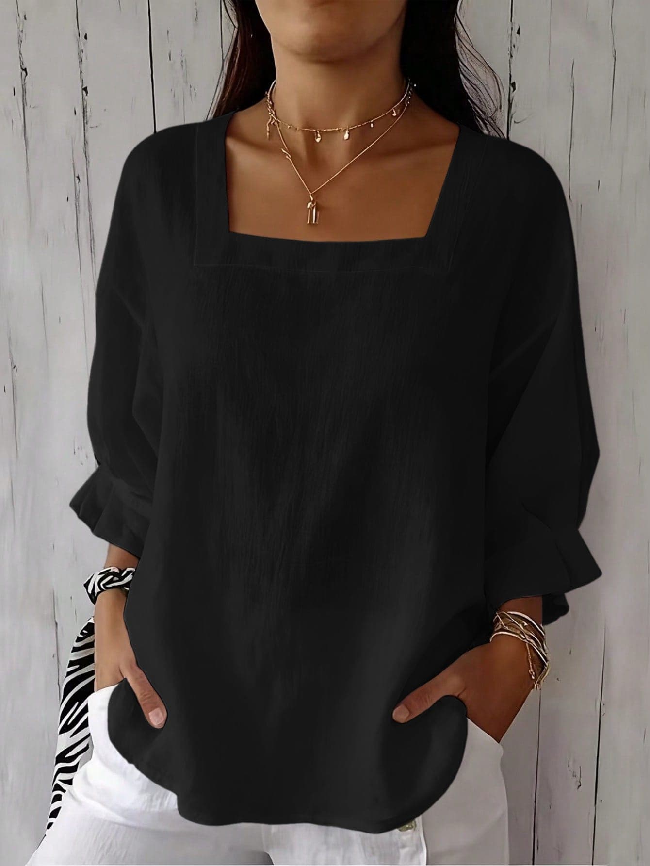 Plus Size Women's Short Sleeve Solid Color Square Neck Dropped Shoulder Ruched Cuff Summer Blouse Black - Black - View 1
