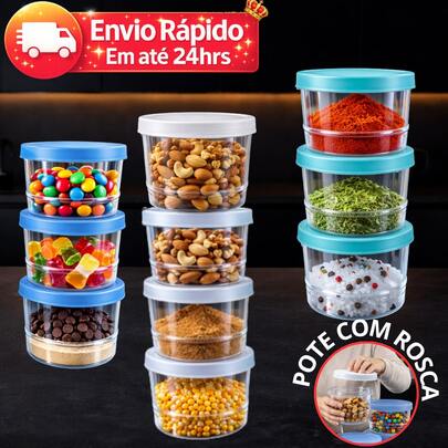 Kit 10/6 Potes Com Tampa De Rosca 360ml Transparente PERFEITA Vedação (Cores Sortidas)