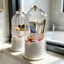 Bathroom Sink Organizer,Premium ABS Plastic Bathroom Caddy,360° Rotating 3 Slots Storage,Sliding Lid Dustproof Design,Non-Slip Base Vanity Organizer,Space-Saving Countertop Storage,Toothbrush & Toothpaste Holder,Dorm Apartment Home Storage - 白色 - 查看 3