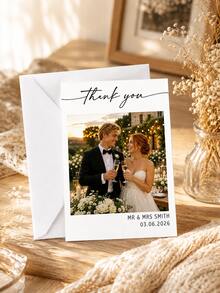 Tarjetas de agradecimiento personalizadas con foto de pareja y sobres, tarjetas de felicitación con nombre y fecha de recién casados personalizados, sube tu foto de boda romántica al atardecer, tarjetas de agradecimiento, tarjetas de regalo de boda, tarjetas de agradecimiento a los invitados, tarjetas de invitación de estilo floral blanco minimalista premium, adecuadas para boda, fiesta, aniversario, regalo, decoración - Multicolor - Ver 7