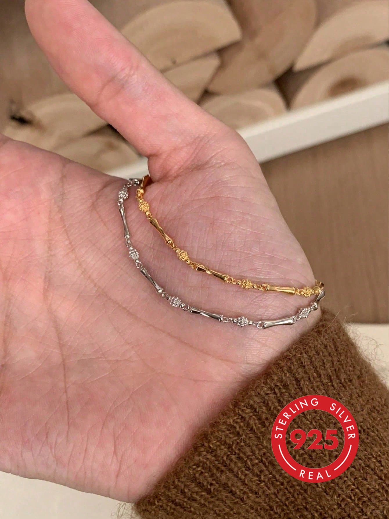 1件925纯银竹节手镯，高端珠宝礼品，女友礼物，女士高级珠宝礼品