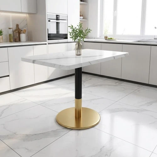 Modern Rectangular Dining Table For 2 People, Small Kitchen Table With White Marble-Effect Wooden Top And Black Metal Pedestal Base, Negotiation Table With Gold Frame For Dining Room, Kitchen, Office And Meeting Room, 80 X 60 Cm - 黑與白 - 查看 1