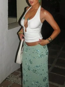 Solid Color Backless Halter Top For Beach Vacation Summer - Off-white - View 5
