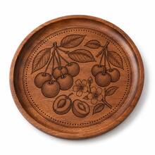 1pc Creative Walnut Wood Carved Cherry Flower Round Wooden Plate, Western Dinner Plate, Steak Plate, Candy Dish, Fruit Plate, Solid Wood Pizza Board Tray - Cherry - View 1