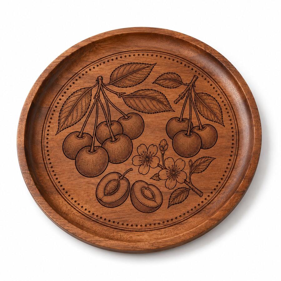 1pc Creative Walnut Wood Carved Cherry Flower Round Wooden Plate, Western Dinner Plate, Steak Plate, Candy Dish, Fruit Plate, Solid Wood Pizza Board Tray - Cherry - View 1