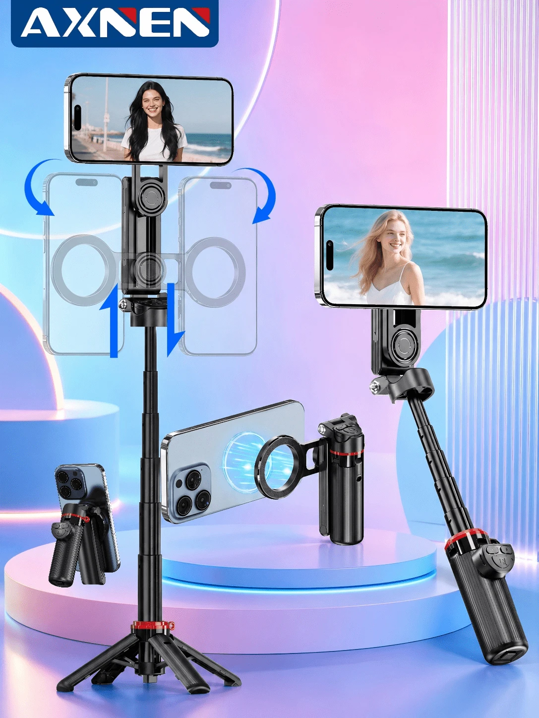 AXNEN Tripod Selfie Magnetik dengan Remote Bluetooth Nirkabel, Dudukan Tripod Ponsel yang Dapat Diperpanjang, Dudukan Ponsel Berputar 360°, Kompatibel dengan Android dan Sebagian Besar Smartphone, Cocok untuk Perjalanan, Aktivitas Luar Ruangan, Siaran Langsung, dan Perekaman Vlog