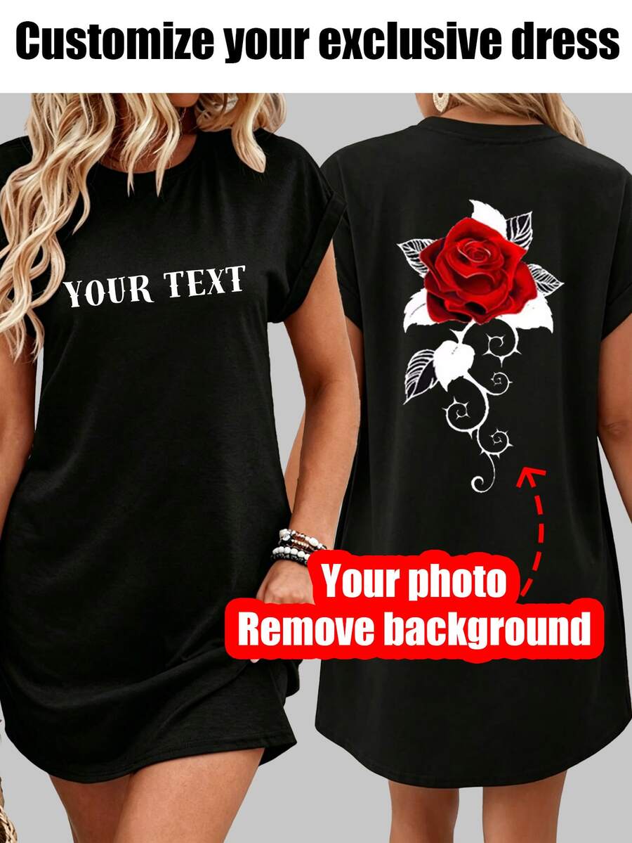 Personalized Custom Women's Summer Short Sleeve Dress, Pet Photos) And More... All Can Be ) Design Your Own Personalized Printed Black - Black - View 1