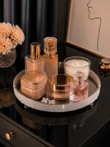 360° Rotating Full Rhinestone Mirror Cosmetic Tray, Luxury Perfume & Skincare Storage Display Plate, Bathroom Countertop/Vanity Decor - Multicolor - View 7